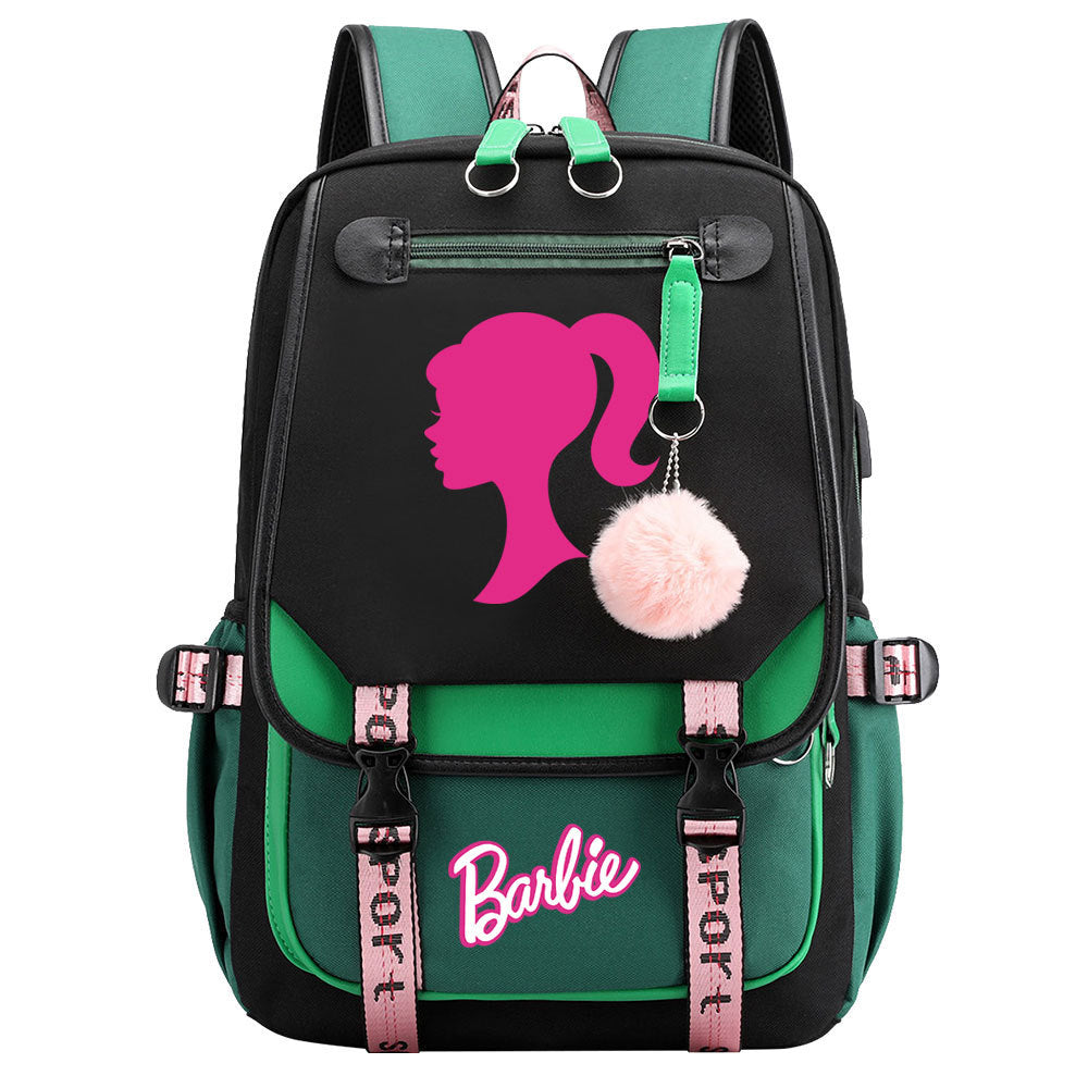 Pink Barbie  Waterproof Backpack School Notebook Travel Bags USB Charging