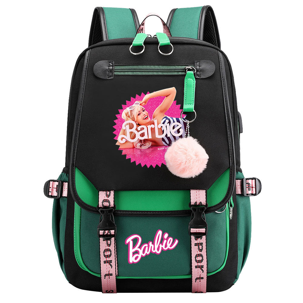 Pink Barbie  Waterproof Backpack School Notebook Travel Bags USB Charging