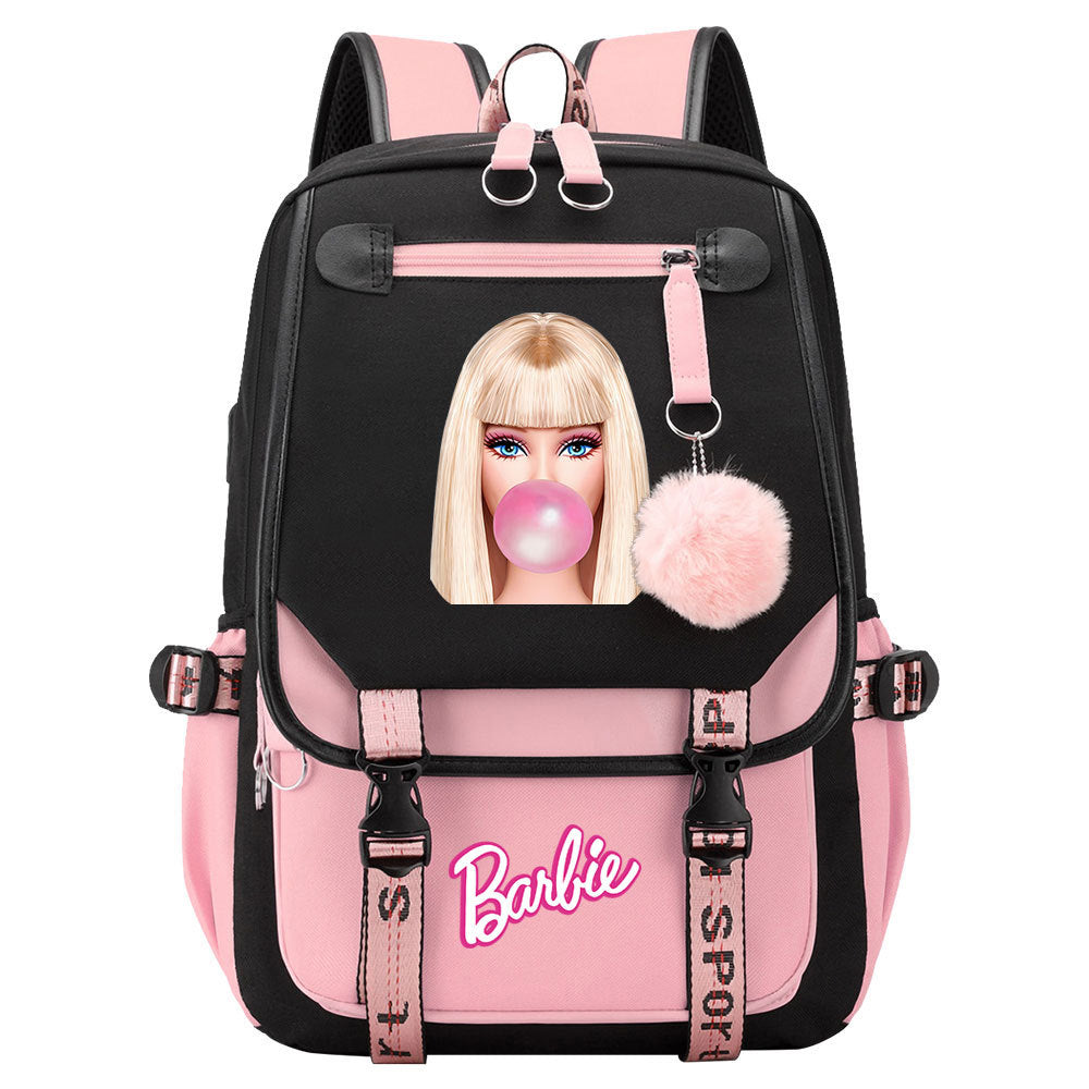 Pink Barbie  Waterproof Backpack School Notebook Travel Bags USB Charging