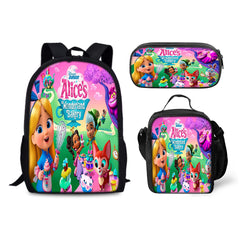 Alices Wonderland Bakery Backpack Schoolbag Lunch Bag Pencil Bag for Kids Students 3PCS