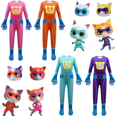 Super Kitties Cosplay Costume with Mask Boys Girls Bodysuit Halloween Fancy Jumpsuits