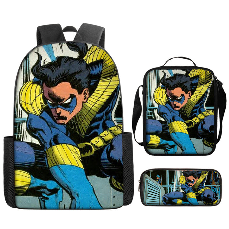 Nightwing Superhero Full Printed Backpack Schoolbag Travel Notebook Bag Lunch Bag Pencil Bag for Kids Students 3PCS