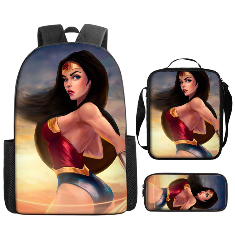 Wonder Woman Full Printed Backpack Schoolbag Travel Notebook Bag Lunch Bag Pencil Bag for Kids Students 3PCS