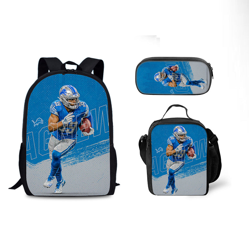 Detroit Lions Football Team Full Printed Backpack Schoolbag Travel Notebook Bag Lunch Bag Pencil Bag for Kids Students 3PCS