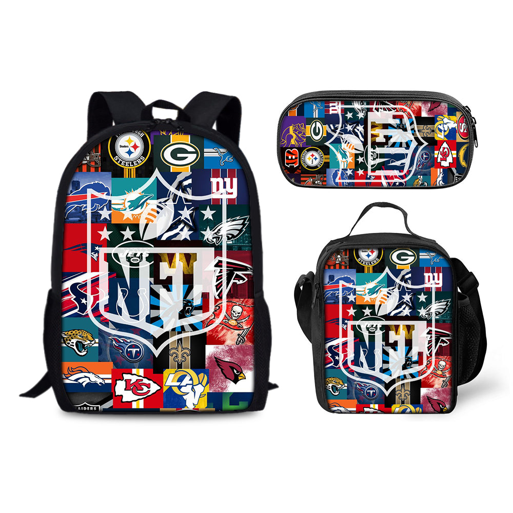 Football Team Backpack Schoolbag Lunch Bag Pencil Bag for Kids Students 3PCS