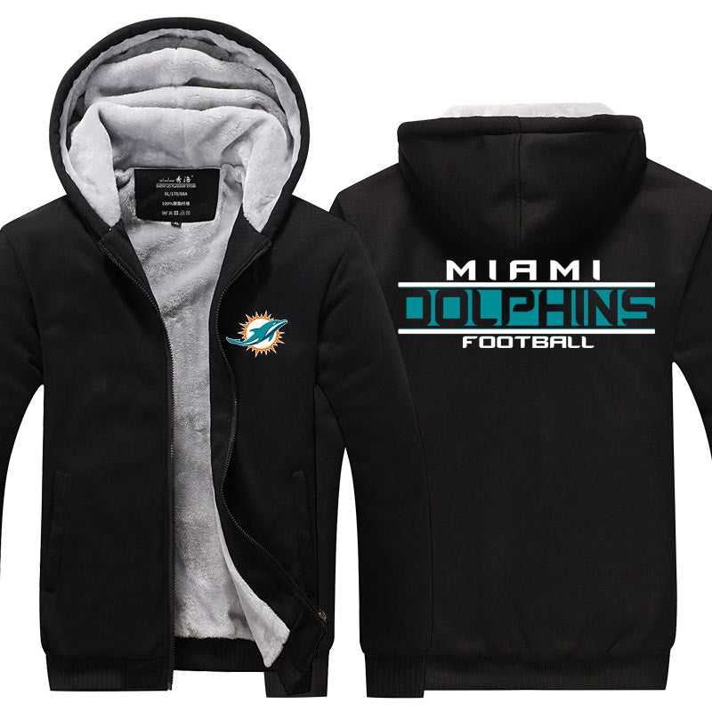 Miami Football Team Dolphins Unisex Lined Hoodie Fleece Sweatshirt Full Zipper Hooded Thicken Jacket