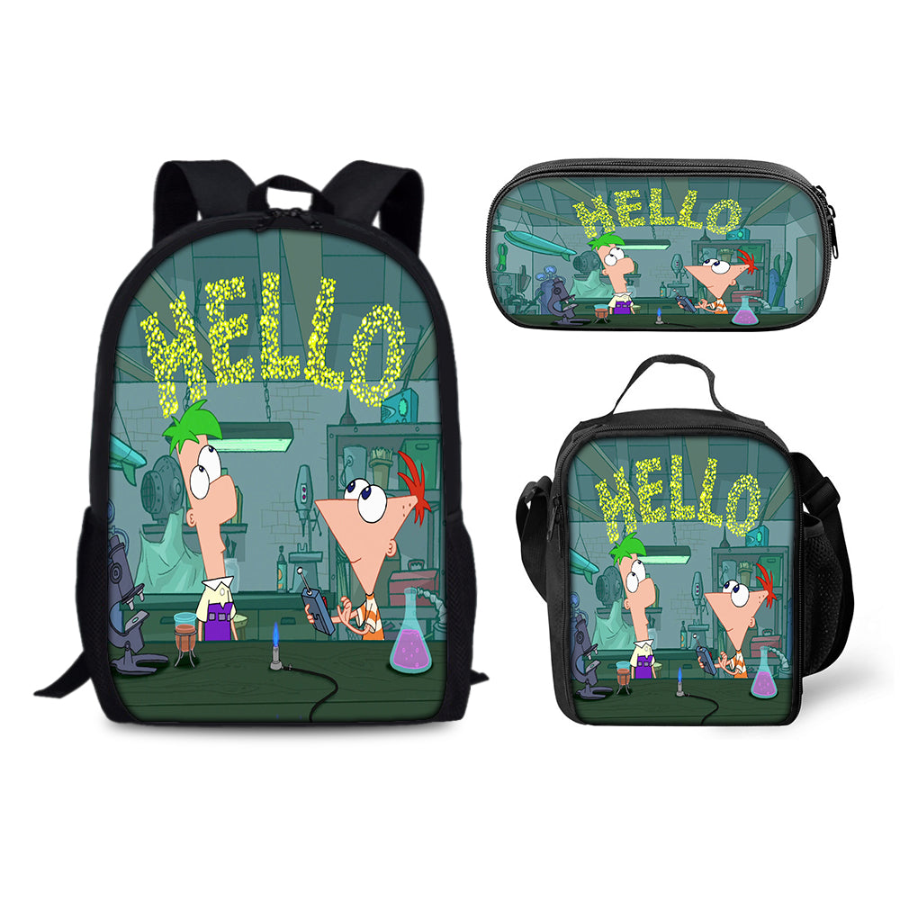 Phineas and Ferb Backpack Schoolbag Lunch Bag Pencil Bag for Kids Students 3PCS