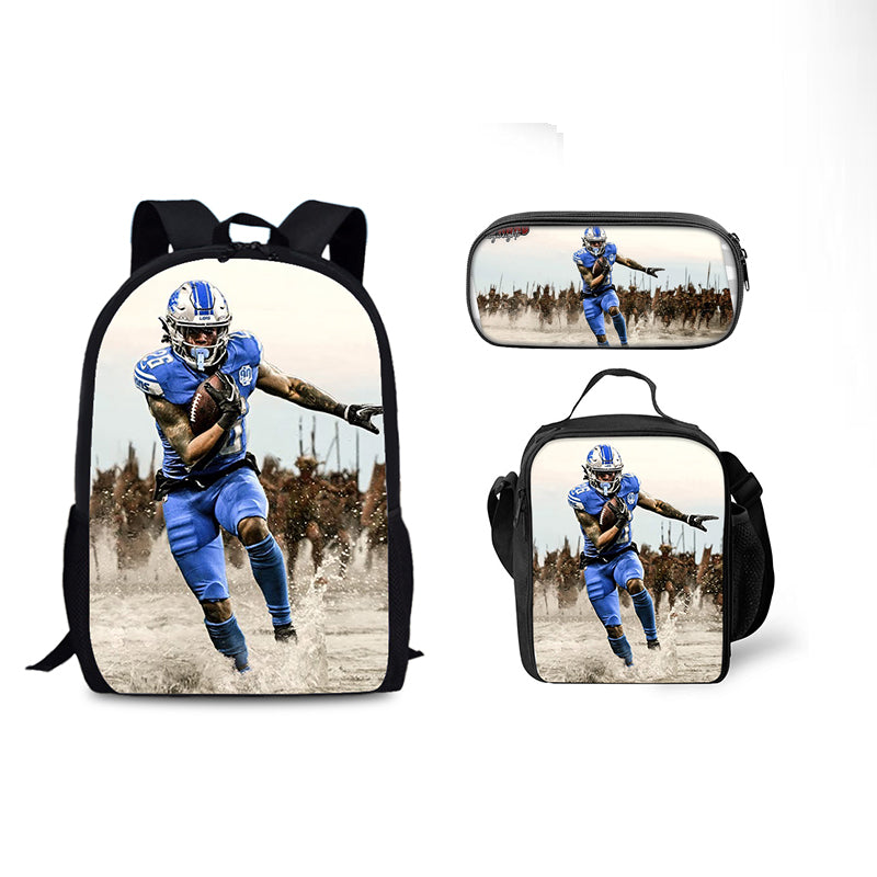 Detroit Lions Football Team Full Printed Backpack Schoolbag Travel Notebook Bag Lunch Bag Pencil Bag for Kids Students 3PCS