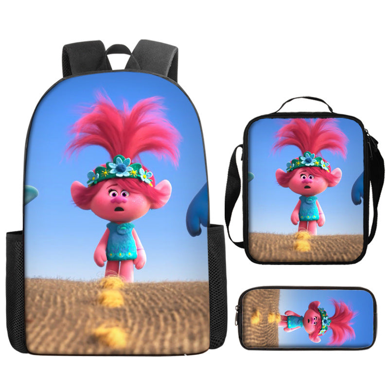 Trolls Full Printed Backpack Schoolbag Travel Notebook Bag Lunch Bag Pencil Bag for Kids Students 3PCS