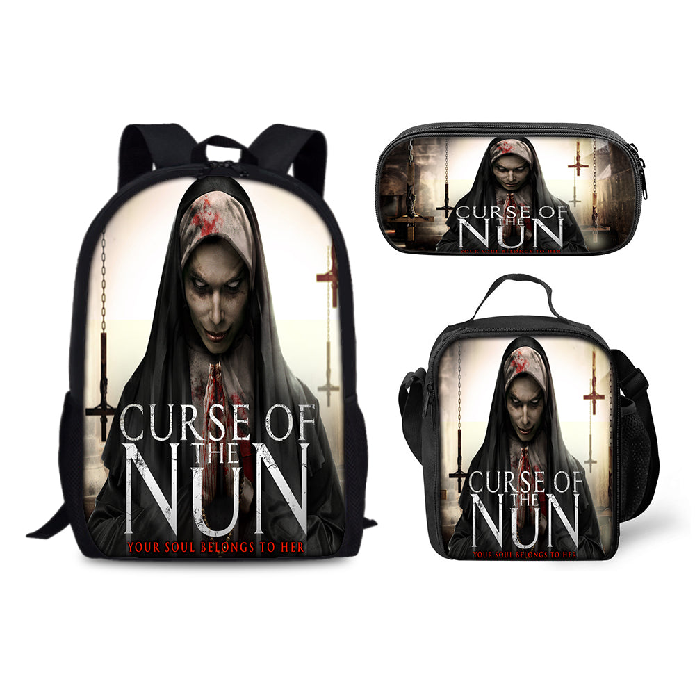 Nun Scary Movie Backpack Schoolbag Lunch Bag Pencil Bag for Kids Students 3PCS