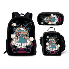 Alice Adventures in Wonderland Backpack Schoolbag Lunch Bag Pencil Bag for Kids Students 3PCS