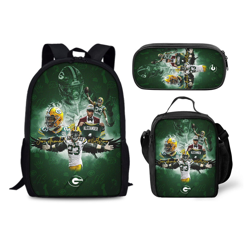 Green Bay Packers Football Team Backpack Schoolbag Lunch Bag Pencil Bag for Kids Students 3PCS