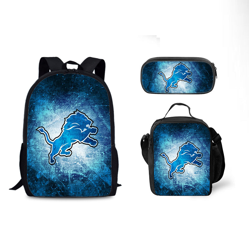 Detroit Lions Football Team Full Printed Backpack Schoolbag Travel Notebook Bag Lunch Bag Pencil Bag for Kids Students 3PCS