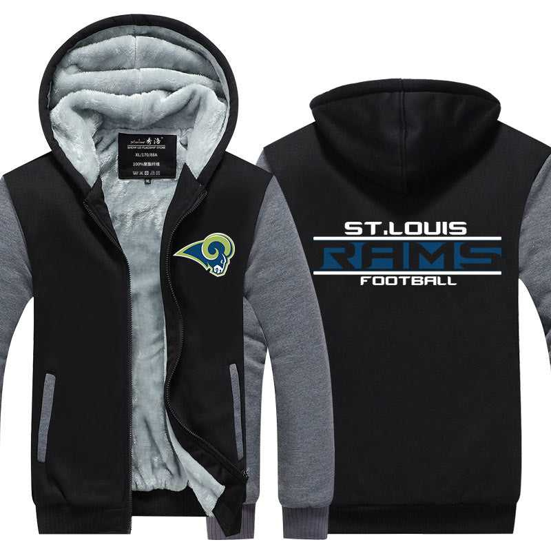 St Louis Football Team Rams  Unisex Lined Hoodie Fleece Sweatshirt Full Zipper Hooded Thicken Jacket