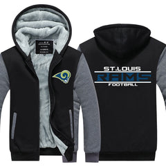 St Louis Football Team Rams  Unisex Lined Hoodie Fleece Sweatshirt Full Zipper Hooded Thicken Jacket