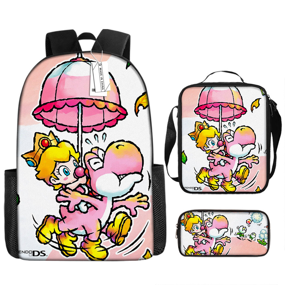 Mario Princess Peach Full Printed Backpack Schoolbag Travel Notebook Bag Lunch Bag Pencil Bag for Kids Students 3PCS