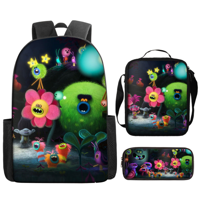 Trolls Full Printed Backpack Schoolbag Travel Notebook Bag Lunch Bag Pencil Bag for Kids Students 3PCS
