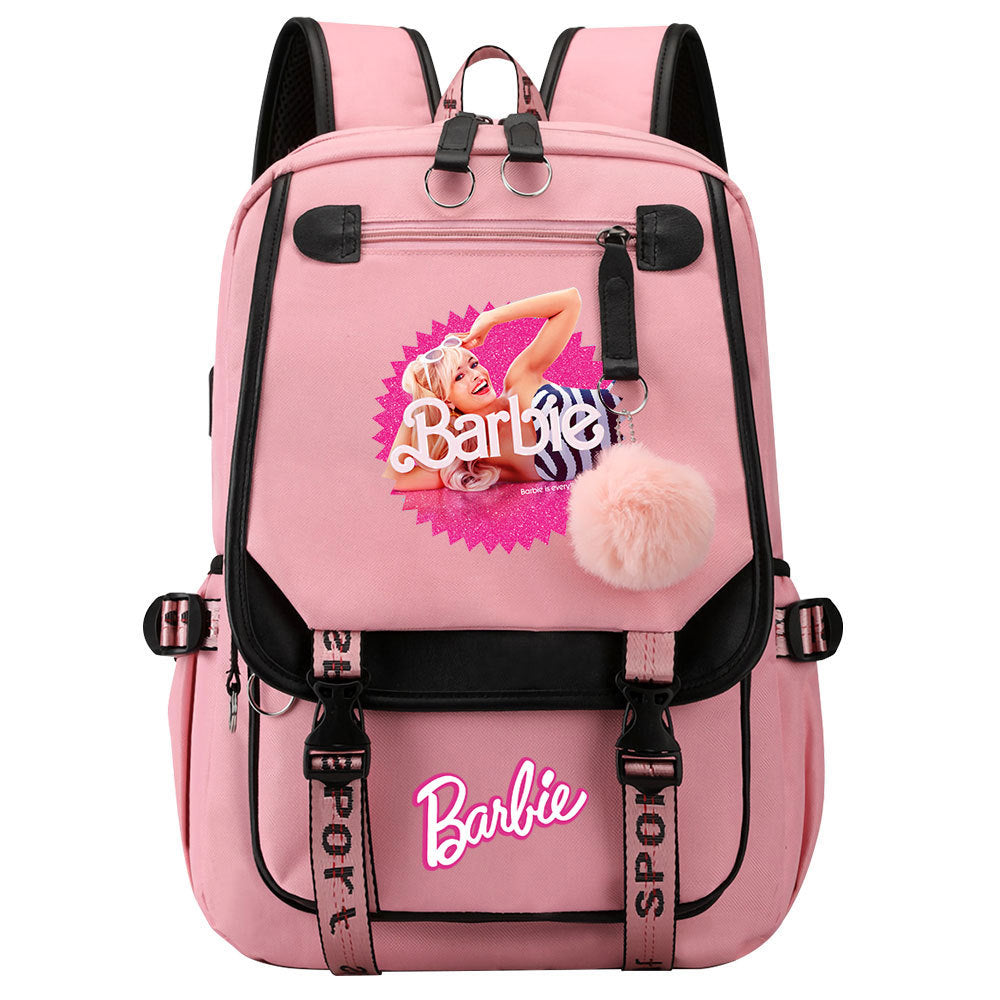 Pink Barbie  Waterproof Backpack School Notebook Travel Bags USB Charging