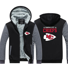 Kansas City Football Chiefs Unisex Lined Hoodie Fleece Sweatshirt Full Zipper Hooded Thicken Jacket