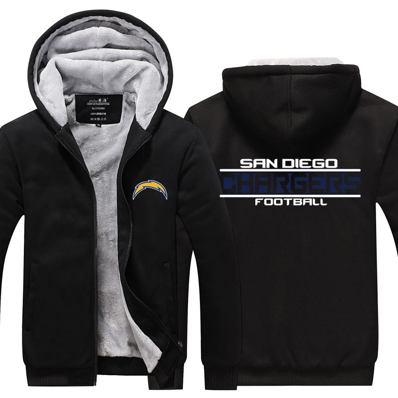 San Diego Football Team  Chargers  Unisex Lined Hoodie Fleece Sweatshirt Full Zipper Hooded Thicken Jacket