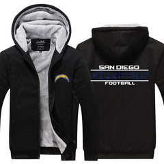San Diego Football Team  Chargers  Unisex Lined Hoodie Fleece Sweatshirt Full Zipper Hooded Thicken Jacket