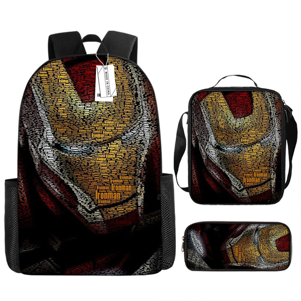 Iron Man Full Printed Backpack Schoolbag Travel Notebook Bag Lunch Bag Pencil Bag for Kids Students 3PCS