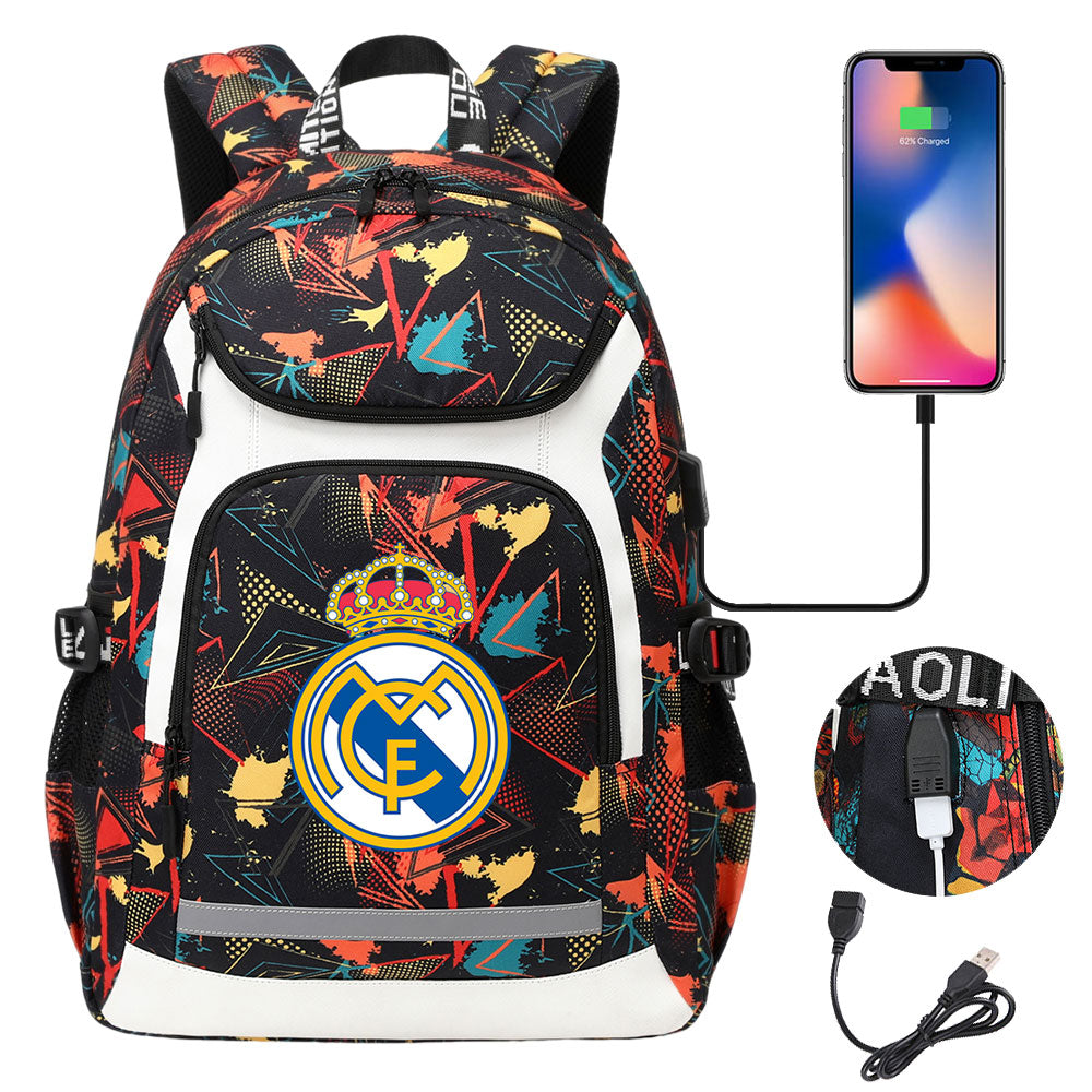 Real Madrid Football Club USB Charging Backpack School Notebook Travel Bags