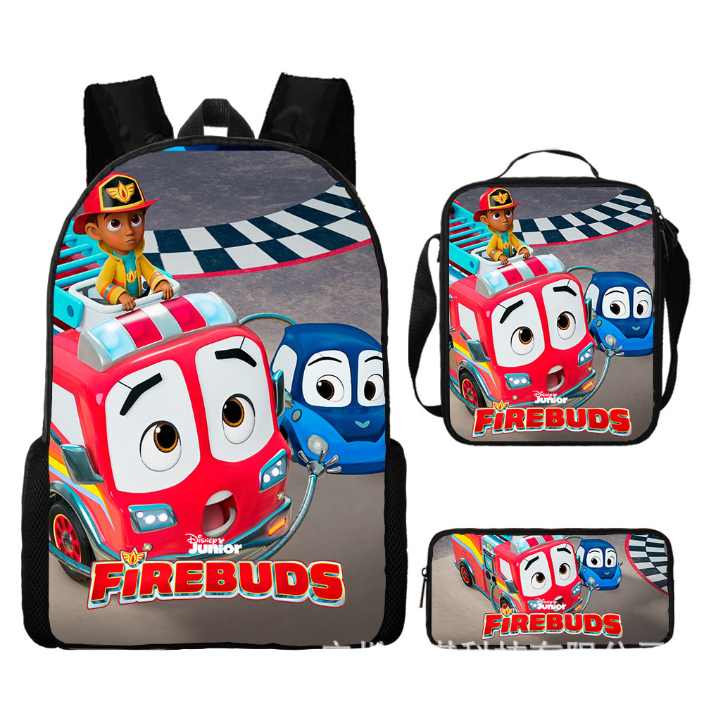 Firebuds Full Printed Backpack Schoolbag Travel Notebook Bag Lunch Bag Pencil Bag for Kids Students 3PCS