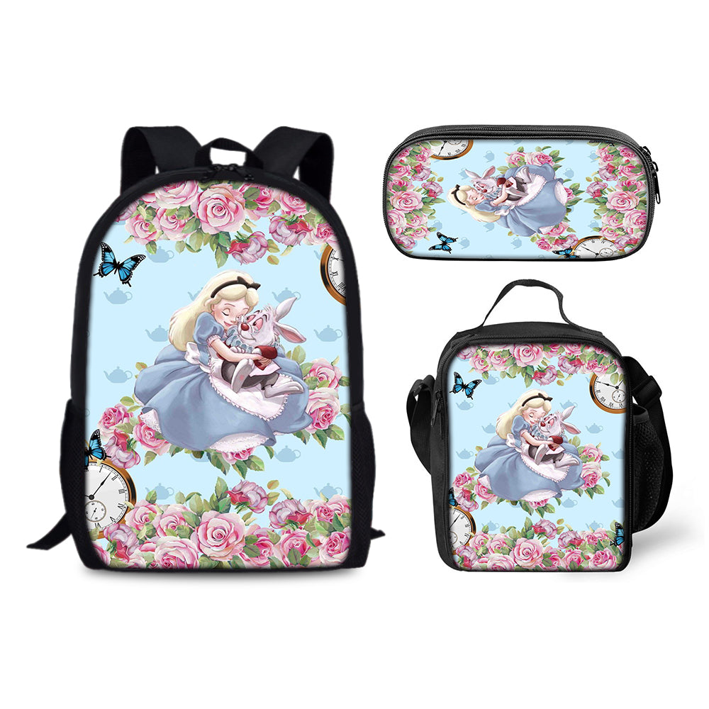 Alice Adventures in Wonderland Backpack Schoolbag Lunch Bag Pencil Bag for Kids Students 3PCS