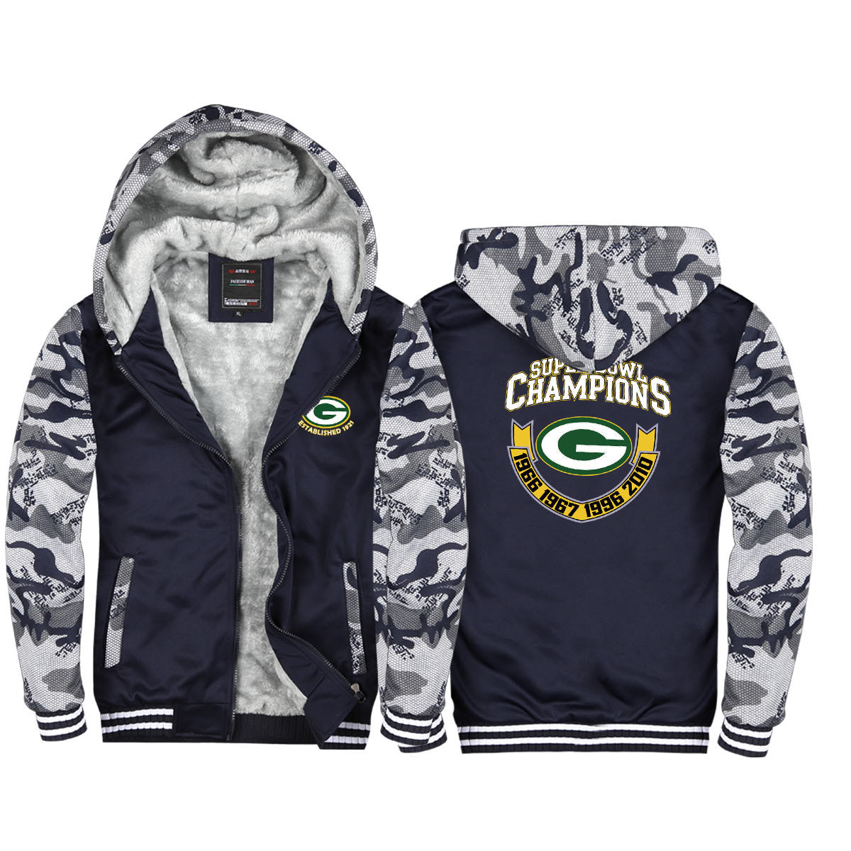 Green Bay Football Packers  Unisex Lined Hoodie Fleece Sweatshirt Full Zipper Hooded Thicken Jacket