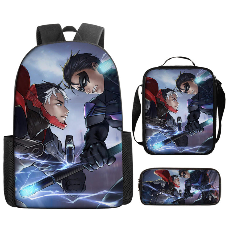 Nightwing Superhero Full Printed Backpack Schoolbag Travel Notebook Bag Lunch Bag Pencil Bag for Kids Students 3PCS