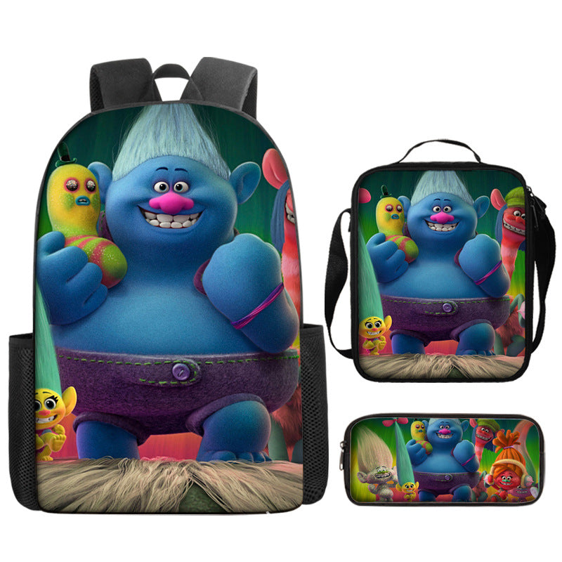 Trolls Full Printed Backpack Schoolbag Travel Notebook Bag Lunch Bag Pencil Bag for Kids Students 3PCS