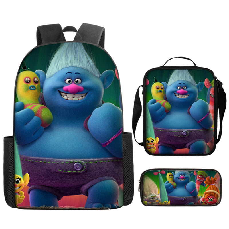 Trolls Full Printed Backpack Schoolbag Travel Notebook Bag Lunch Bag Pencil Bag for Kids Students 3PCS