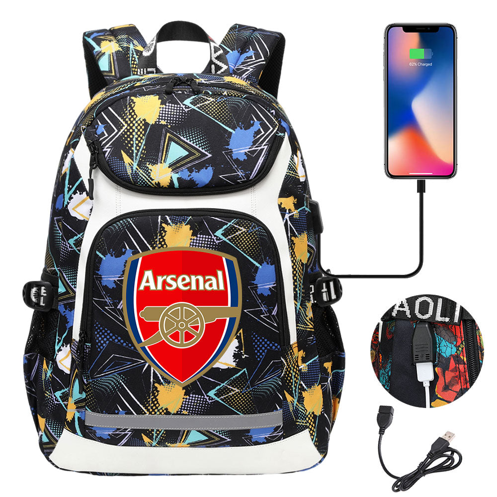 Arsenal Football Club USB Charging Backpack School Notebook Travel Bags