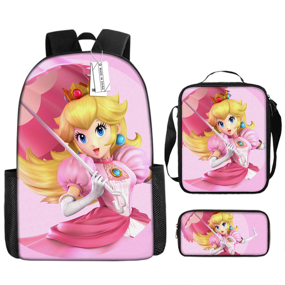 Mario Princess Peach Full Printed Backpack Schoolbag Travel Notebook Bag Lunch Bag Pencil Bag for Kids Students 3PCS