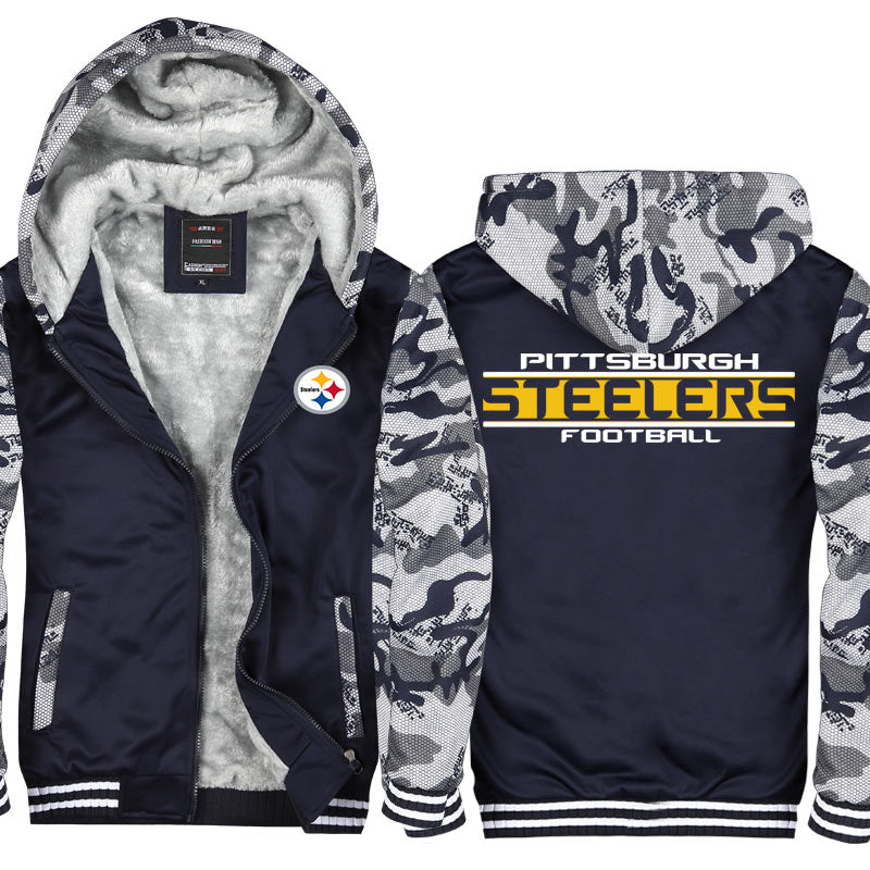 Pittsburgh Football Team Steelers Unisex Lined Hoodie Fleece Sweatshirt Full Zipper Hooded Thicken Jacket