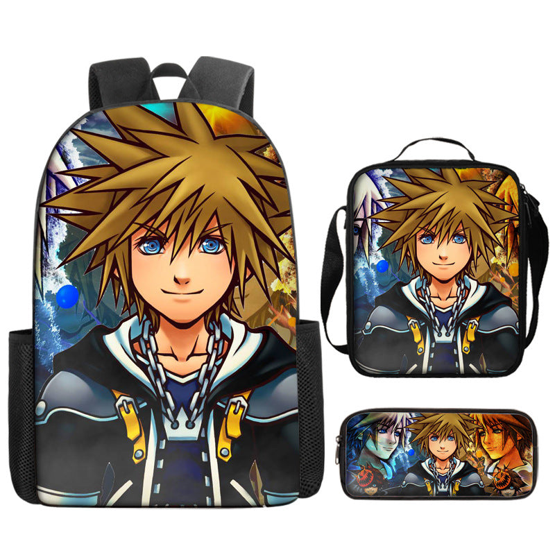 Kingdom Hearts Full Printed Backpack Schoolbag Travel Notebook Bag Lunch Bag Pencil Bag for Kids Students 3PCS