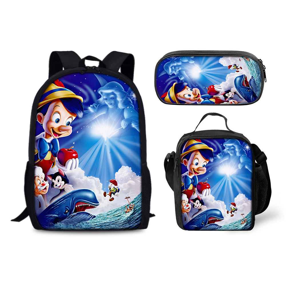 Pinocchio Backpack Schoolbag Lunch Bag Pencil Bag for Kids Students 3PCS