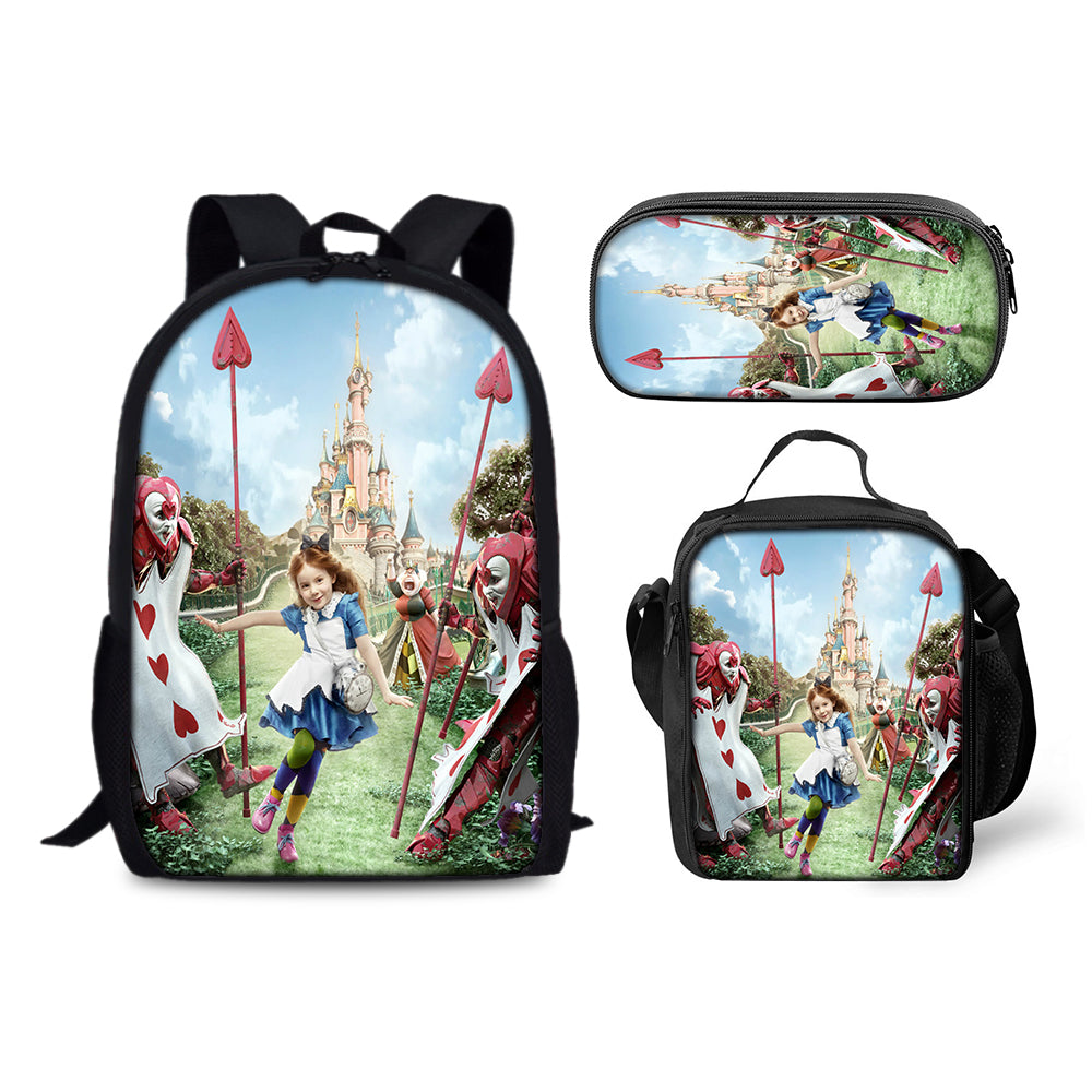 Alice Adventures in Wonderland Backpack Schoolbag Lunch Bag Pencil Bag for Kids Students 3PCS