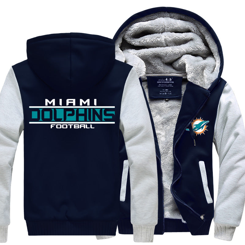Miami Football Team Dolphins Unisex Lined Hoodie Fleece Sweatshirt Full Zipper Hooded Thicken Jacket