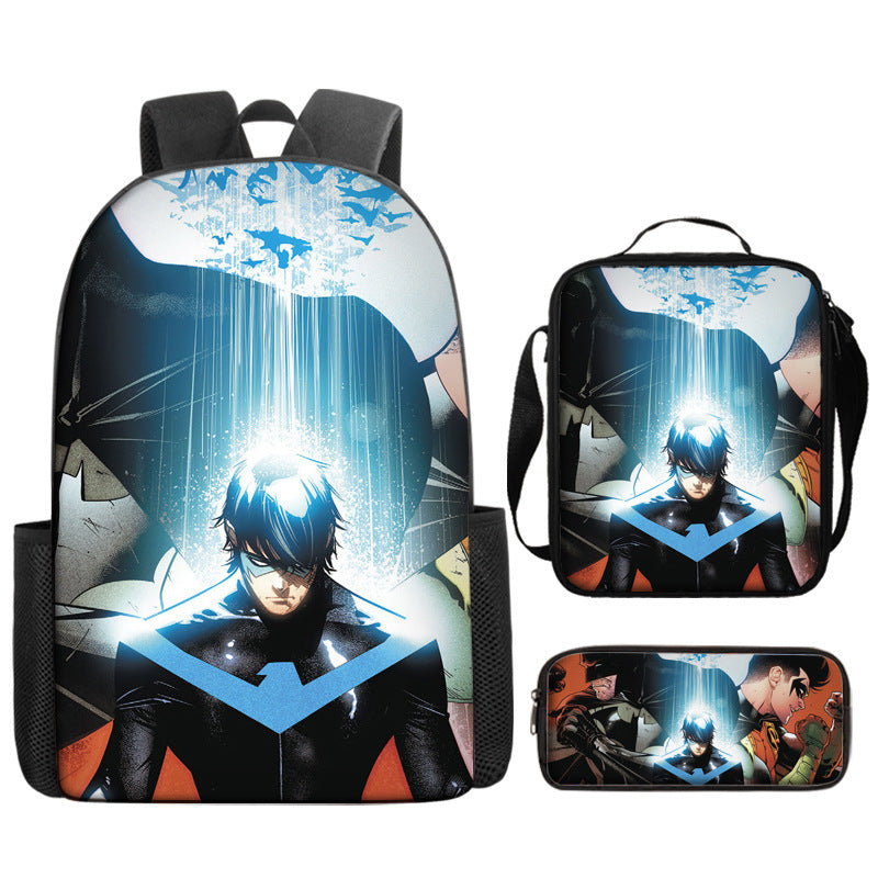 Nightwing Superhero Full Printed Backpack Schoolbag Travel Notebook Bag Lunch Bag Pencil Bag for Kids Students 3PCS