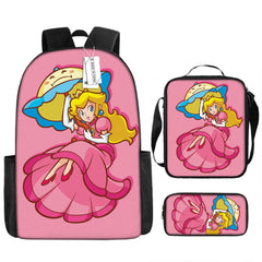 Mario Princess Peach Full Printed Backpack Schoolbag Travel Notebook Bag Lunch Bag Pencil Bag for Kids Students 3PCS