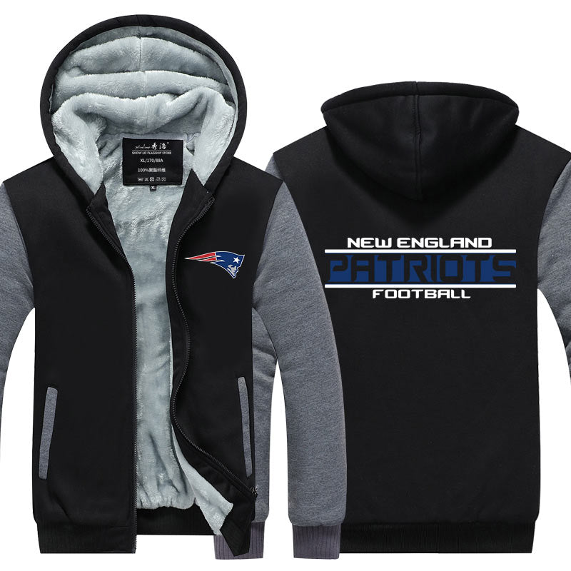New England Football Team Patriots Unisex Lined Hoodie Fleece Sweatshirt Full Zipper Hooded Thicken Jacket