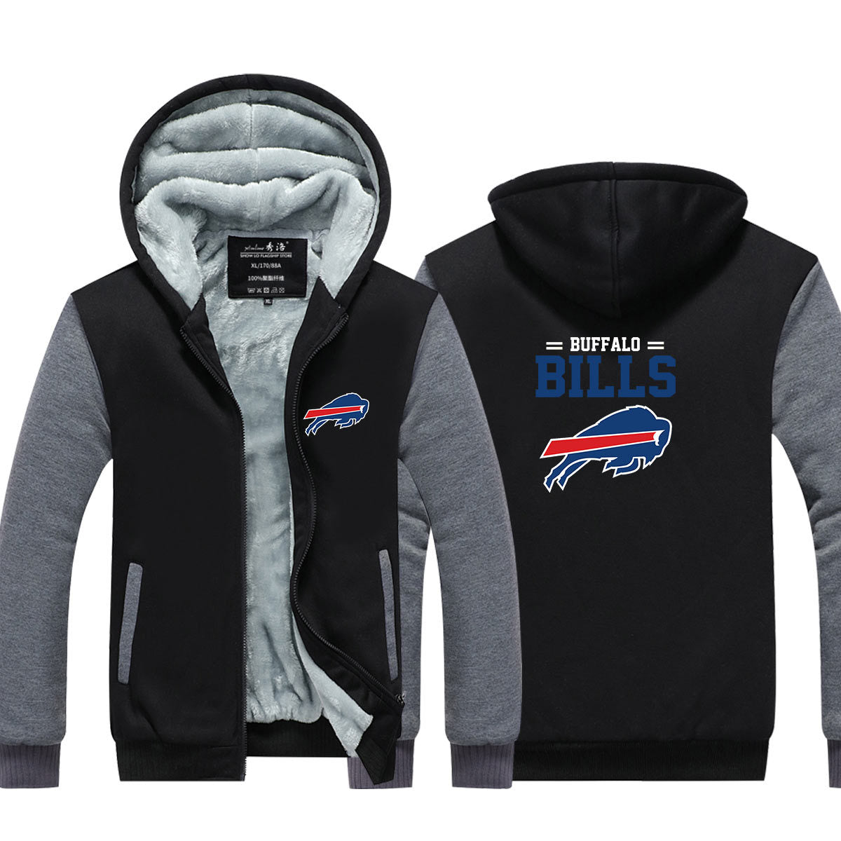 Buffalo Football Bills Unisex Lined Hoodie Fleece Sweatshirt Full Zipper Hooded Thicken Jacket