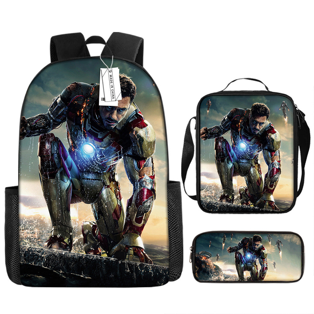 Iron Man Full Printed Backpack Schoolbag Travel Notebook Bag Lunch Bag Pencil Bag for Kids Students 3PCS