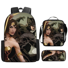 Wonder Woman Full Printed Backpack Schoolbag Travel Notebook Bag Lunch Bag Pencil Bag for Kids Students 3PCS