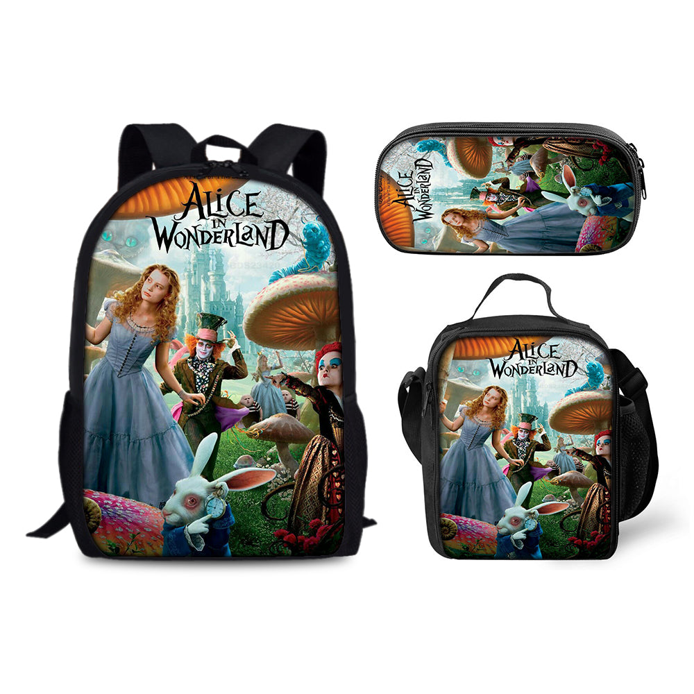 Alice Adventures in Wonderland Backpack Schoolbag Lunch Bag Pencil Bag for Kids Students 3PCS