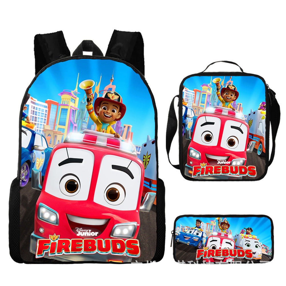 Firebuds Full Printed Backpack Schoolbag Travel Notebook Bag Lunch Bag Pencil Bag for Kids Students 3PCS