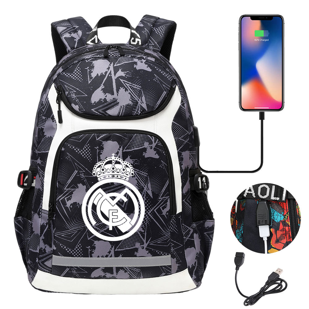 Real Madrid Football Club USB Charging Backpack School Notebook Travel Bags