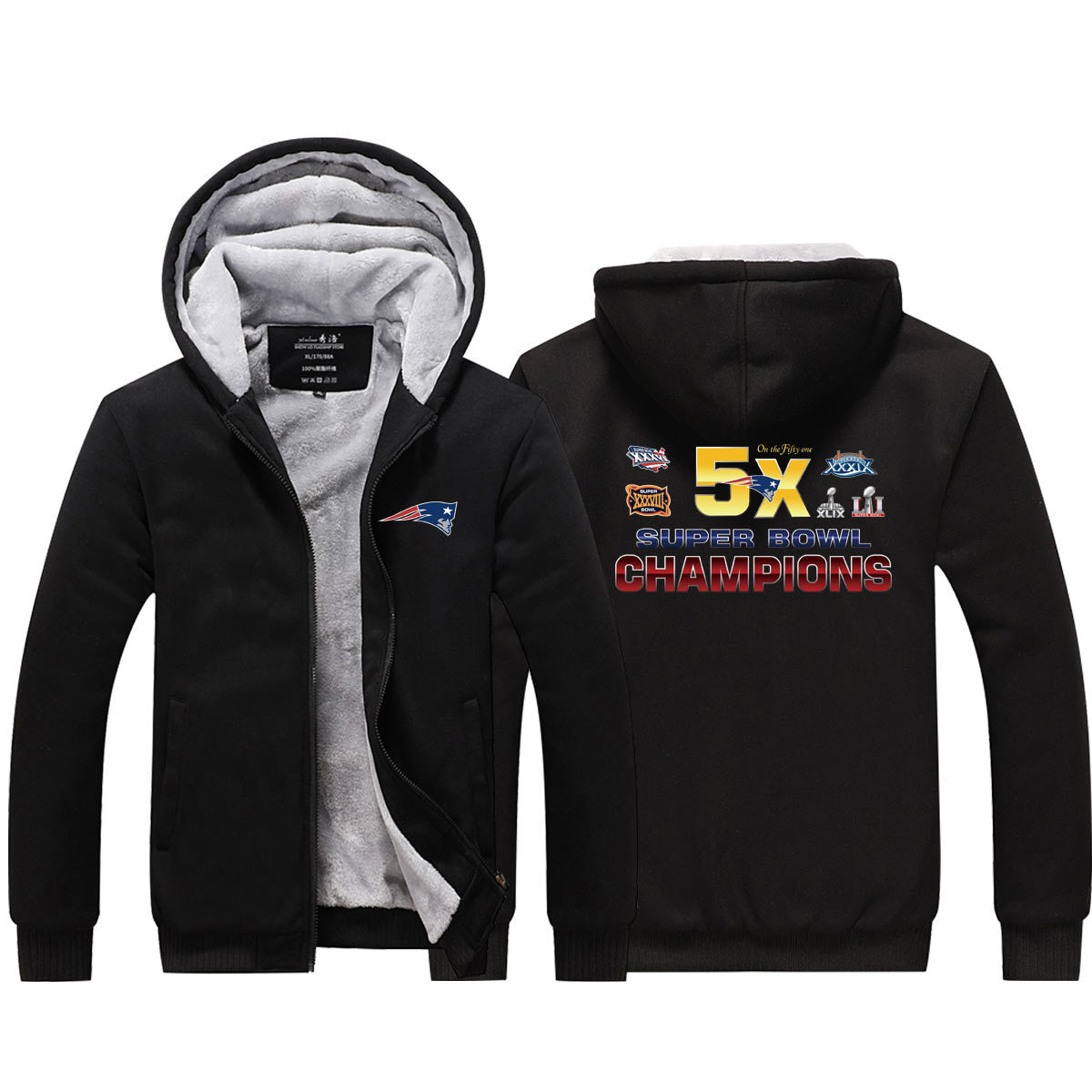 New England  Football Patriots Unisex Lined Hoodie Fleece Sweatshirt Full Zipper Hooded Thicken Jacket